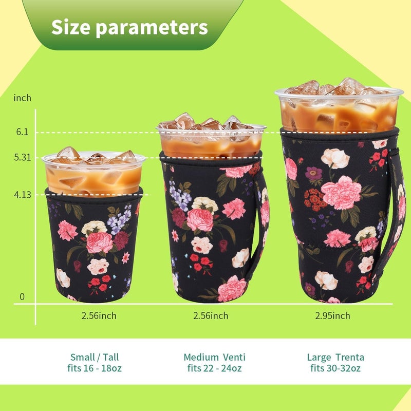 Snowso 3 Pack Iced Coffee sleeve Insulated Neoprene Cup Sleeves with handle For Cold Drinks Beverages, Reusable Cup Holder for 16oz-32oz Coffee Cups (Vivid Flowers) - Image 2
